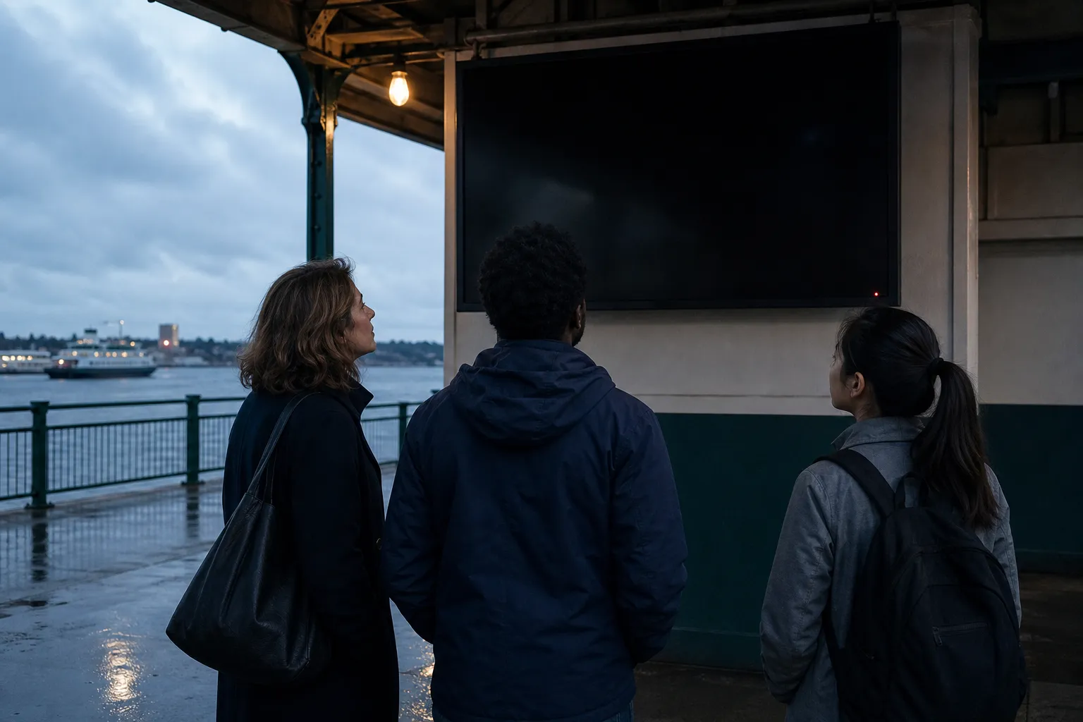 Ferry departure board with one sailing marked cancelled in red text, a handful of passengers reading the display under a bare bulb, wet pavement reflecting the lights, 1200x800