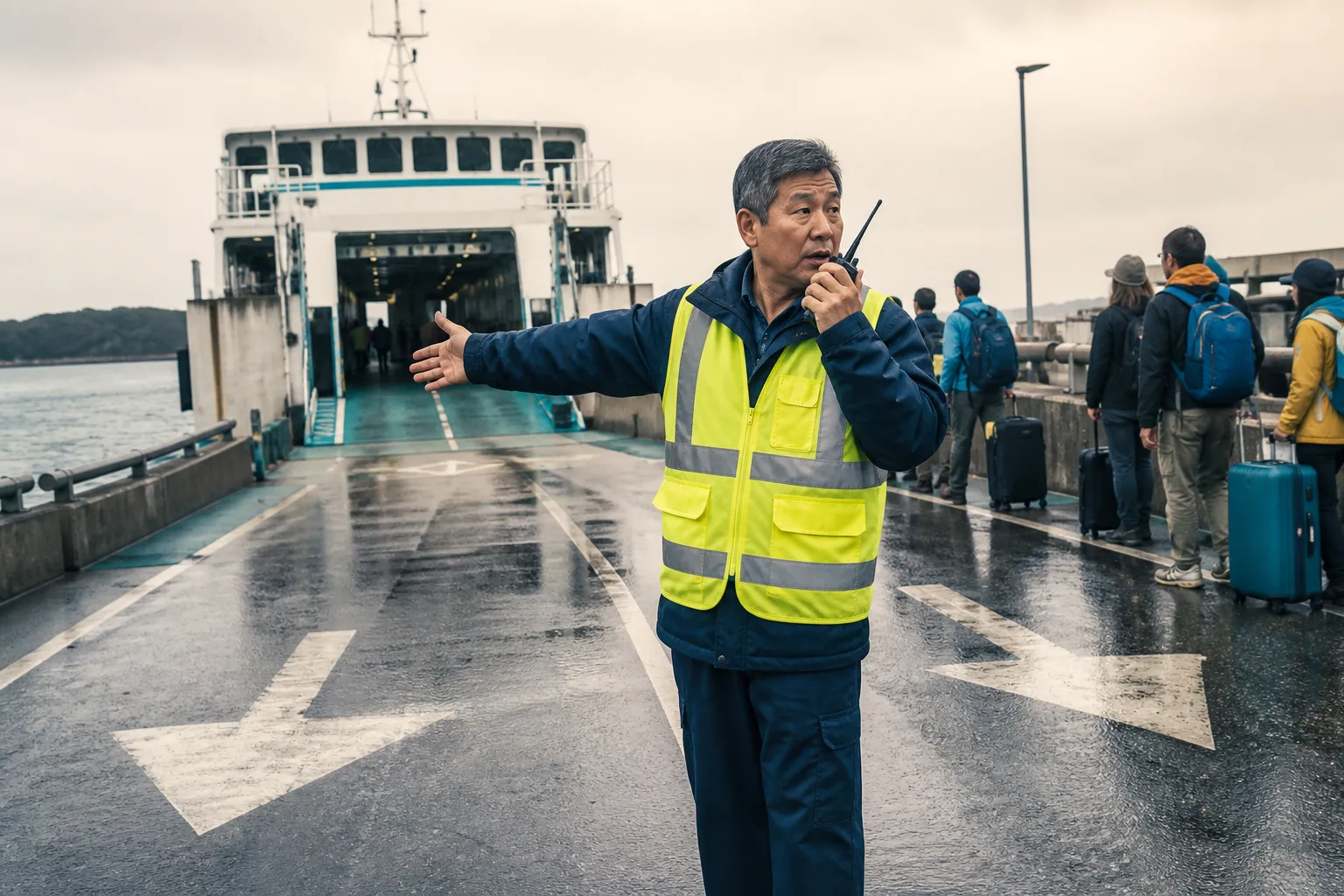 Ferry crew member in a high-visibility vest directing two boarding lanes with a handheld radio, painted arrows on wet asphalt and a queue of day bags along the rail, 1600x900