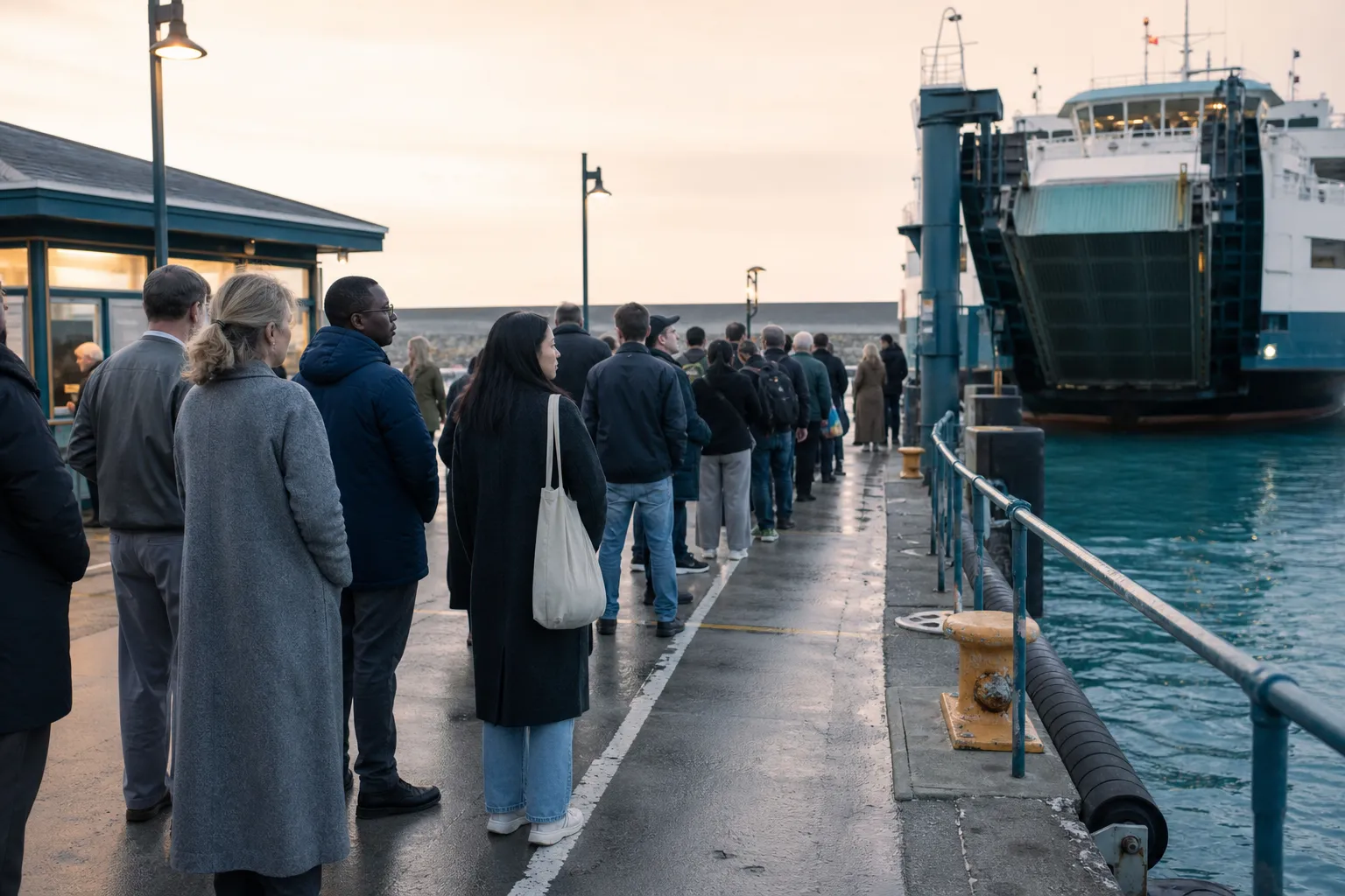 Early morning queue at a ferry slip, passengers in coats standing behind a painted line, ticket kiosk lights on and the vessel ramp still raised, 1200x800