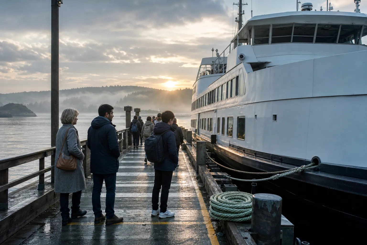 Dawn at a coastal ferry slip, a white passenger vessel tied along the pier, walk-on travellers in coats waiting beside a painted boarding lane, low sun catching wet deck paint and a coil of rope, 1920x1080