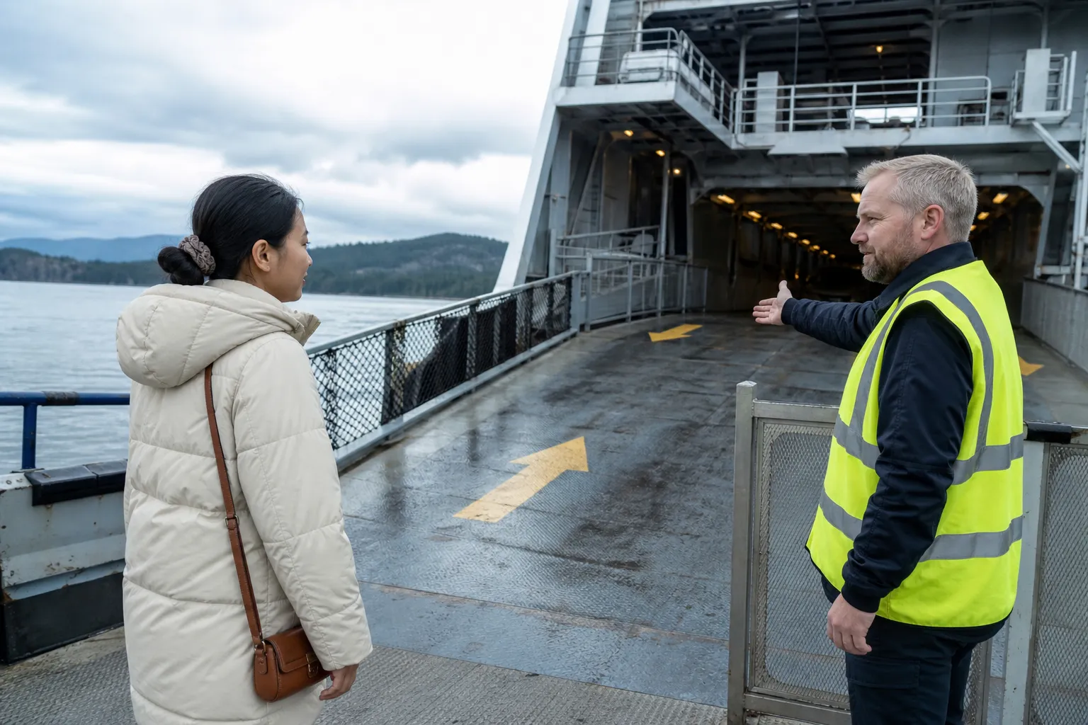 First-time walk-on passenger at the foot of a ferry ramp holding a small shoulder bag, painted arrows on the deck and a crew member gesturing toward the pedestrian gate, 1200x800