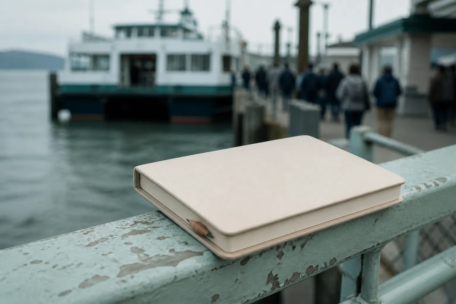 Open field notebook resting on a painted ferry-terminal rail, a pencil tucked in the spine, blurred passengers and a tied vessel in the background under flat coastal light, 1920x1080