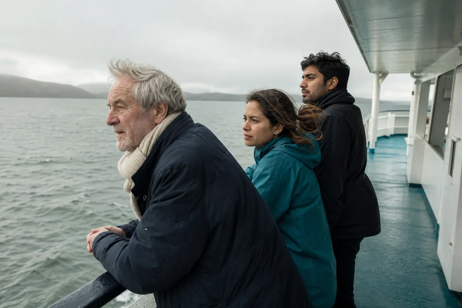 Passengers leaning on the leeward rail of an open ferry deck, jackets zipped against spray, land visible low on the horizon and the windward side nearly empty, 1200x800