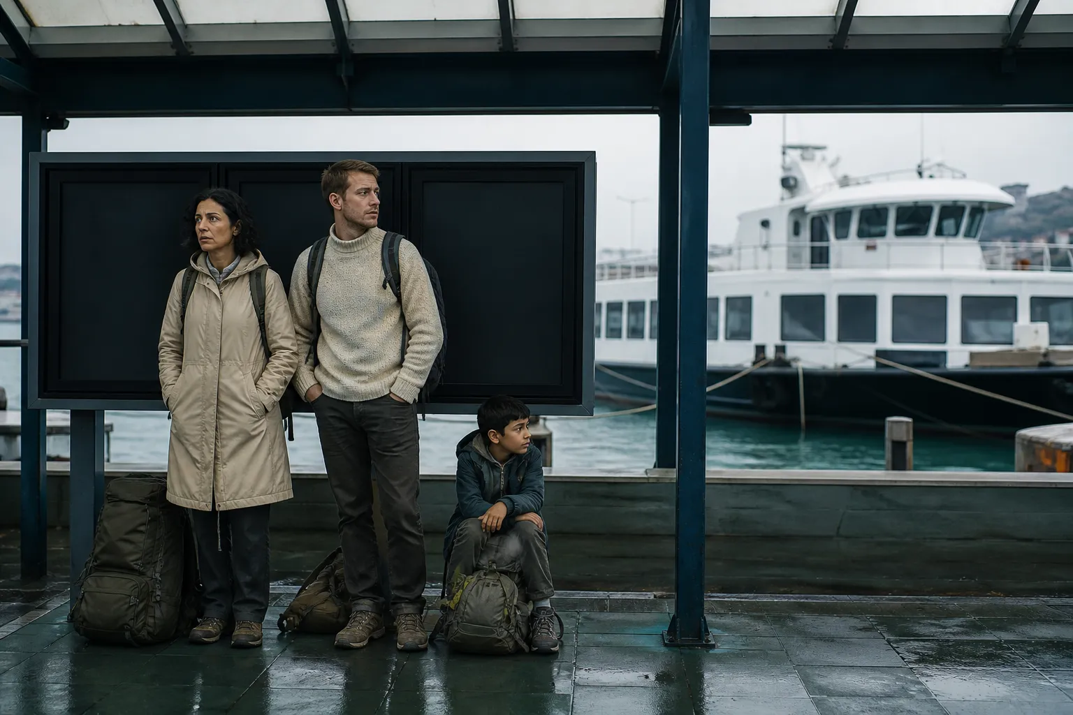 Passengers waiting under a simple metal canopy at a ferry terminal, day packs at their feet, timetable board glowing in the background and a tied vessel visible through the pillars, 1920x1080