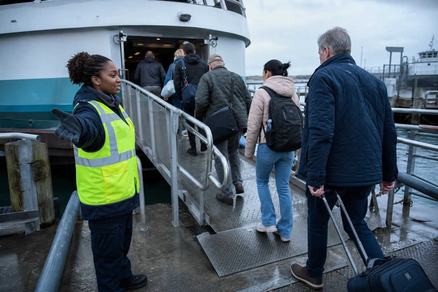 Walk-on passengers climbing a metal boarding ramp onto a passenger ferry in cool morning light, a crew member in a high-visibility vest directing the line, wet steel grating and a stack of day bags, 1600x900